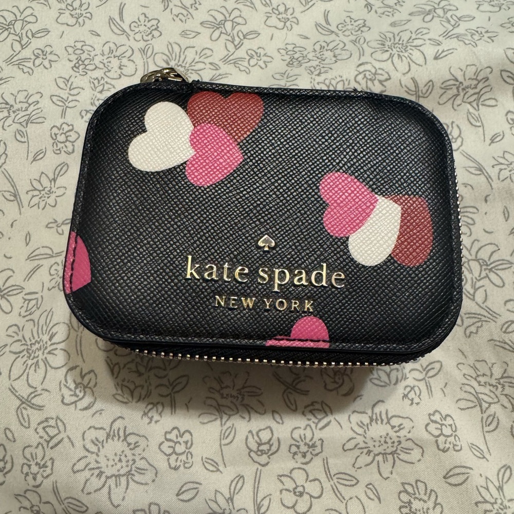 Kate Spade Black Travel Jewelry Box with Pink and White Hearts
